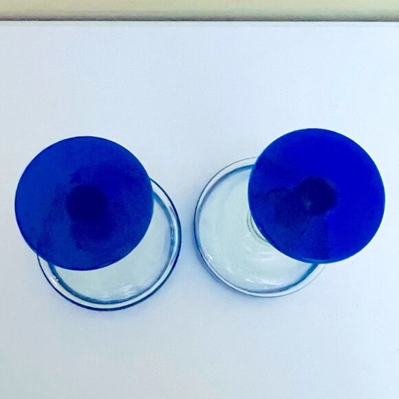 Vintage 2 Hand Blown Clear Cobalt Blue Margarita Glasses Bar Accessories - Picture 4 of 6